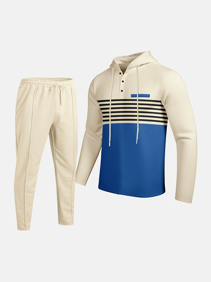 New Men's Casual Set Outdoor Versatile High Fashion Men's Hoodie Color blocked Striped Long Sleeve Top Long Pants Two Piece Set for Men