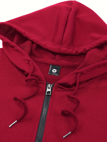 Men's Two-Piece Sportswear Suit: Zipper Hoodie + Sweatpants Set, Spring/Autumn Solid Color Regular Long Sleeve Zipper Hoodie with Drawstring, Threaded Trousers, Casual Sportswear Two-Piece Set