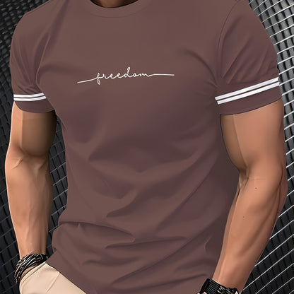 Men'S "Freedom" Graphic T-Shirt - Black Casual Crew Neck Tee with White Stripes, Breathable Polyester Blend, Regular Fit for Casual Attire, Everyday Tshirt | Bold Print Tee | Comfortable Fit, Knit