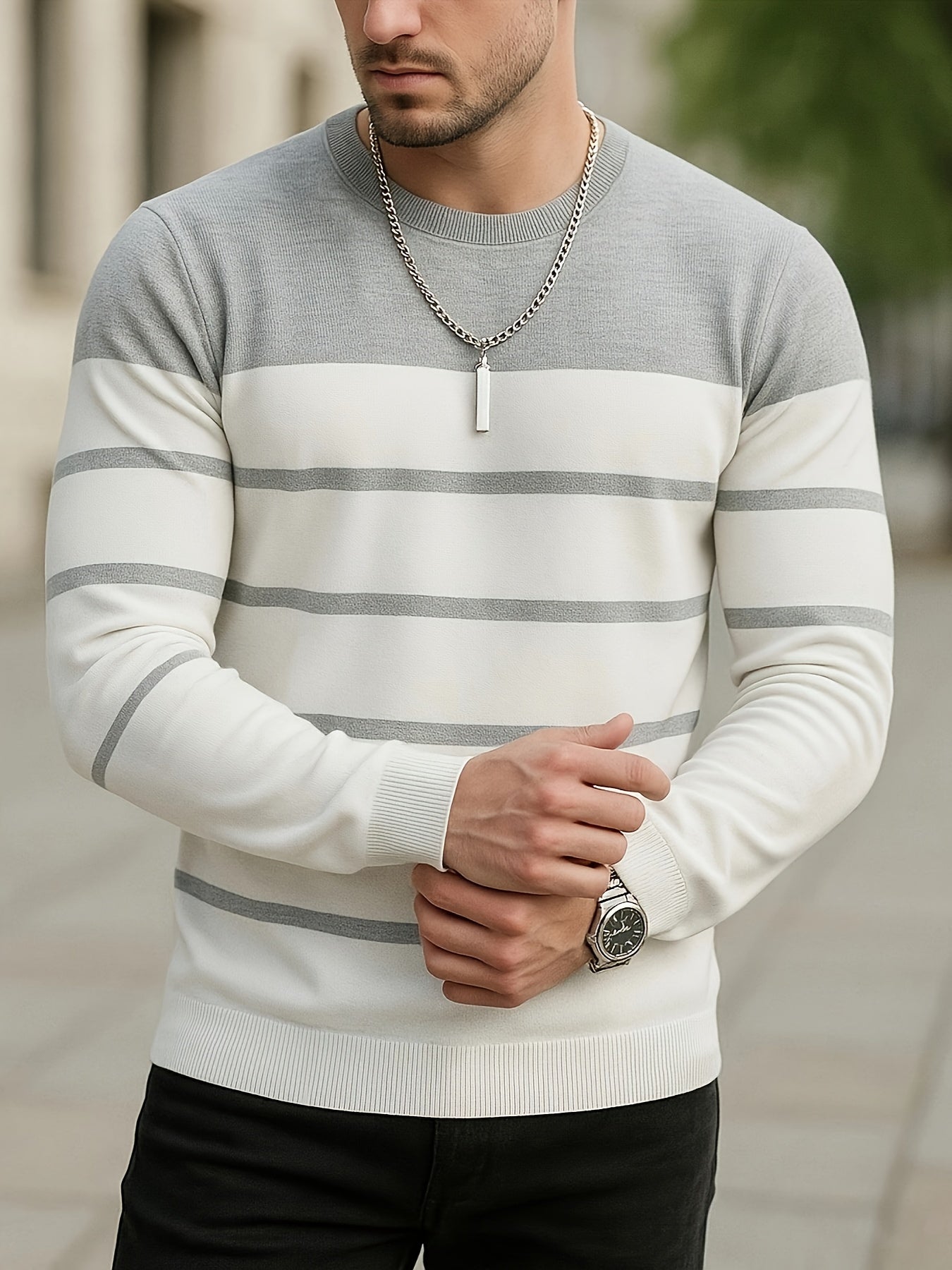 Men's Slim-Fit Striped Knit Sweater - All-Season Business Casual & Casual Attire, Navy Blue/White Horizontal Stripes with Contrast Trim, Round Neck Long Sleeve Pullover, Multi-Color Options (Black/Beige/Light Brown/Navy) - Co