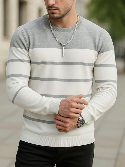 Men's Slim-Fit Striped Knit Sweater - All-Season Business Casual & Casual Attire, Navy Blue/White Horizontal Stripes with Contrast Trim, Round Neck Long Sleeve Pullover, Multi-Color Options (Black/Beige/Light Brown/Navy) - Co