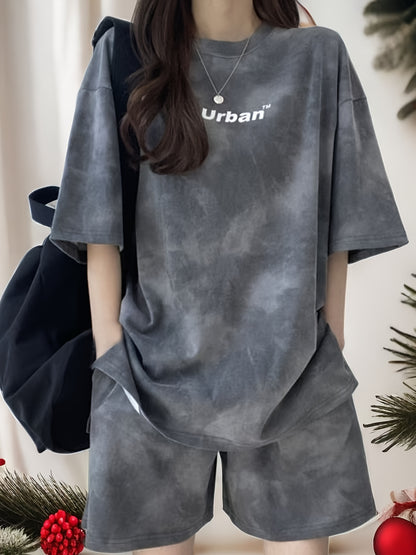 Letter Print Hong Kong Style Comfortable Casual Loose Short Sleeve Shorts Set, Summer Women's Fashionable Versatile Slimming Casual Running Sports Suit Two-Piece Couple Set, Large Size Women's Casual Sports Suit
