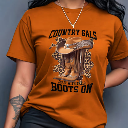 Women's Casual Short Sleeve T-Shirt with Cartoon Cowboy Boots & Leopard Print Graphic, "Country Gals Do It with Their Boots On" Slogan, Vibrant Orange Round Neck Tee, Machine Washable Regular Fit, Allseason Top, Semitranspare