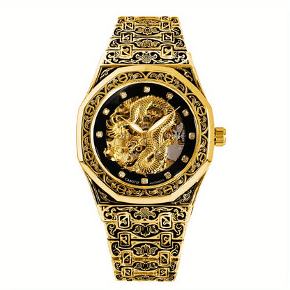 1pc Youth Men's Yellow Steel Strap Business Style Elegant Glow-in-the-Dark Carved Dragon Mechanical Watch