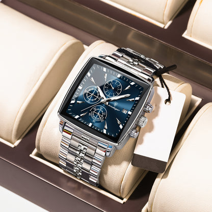 POEDAGAR Men's Stainless Steel Luminous Watch - Blue Dial Chronograph, High Quality Quartz Movement with Date Calendar, Golden-Tone Accents for Business Casual & Casual Attire, Formal Accessory, Stylish Accessory, Refined Cra