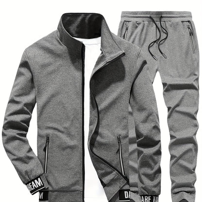 Men'S Casual Sportswear Set - Beige Zip-Up Jacket & Joggers with "DARE TO BE" Print, Long Sleeve, Pockets, and Drawstring Waist, Perfect for Running and Leisure Activities, Spring/Fall Collection, Spring Fall Attire | Zipup J