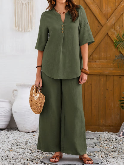 2pcs Women'S Olive Green Casual Short Sleeve Top & Wide-Leg Pants Set - Elegant Button-Up Blouse with Pockets, High-Waisted Jumpsuit for Spring/Summer/Fall, Versatile Outfit | Buttonup Blouse | Texture
