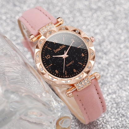 [6pcs Women'S Quartz Watch and Jewelry Set] 6pcs Women'S Quartz Watch and Butterfly Jewelry Set, Round Alloy Case, PU Leather Band, Analog Display with Rhinestone Embellishments, Non-Rechargeable Button Battery, with Gift Set
