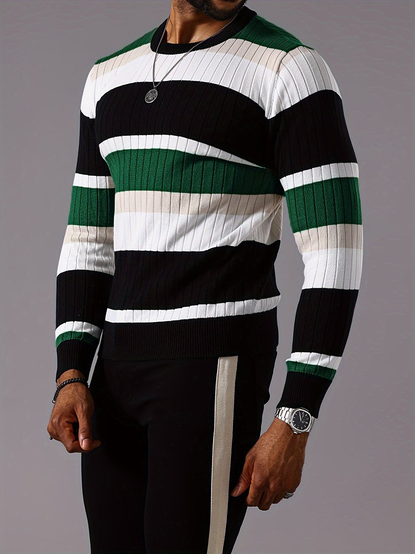 Men's Striped Color-Block Ribbed Knit Sweater - Long Sleeve Round Neck Pullover with Elastic Comfort Fit, Machine Washable Casual Fall Winter Top in Black/White/Green/Beige, Knit Sweater, Medium Elasticity