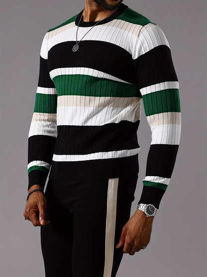 Men's Striped Color-Block Ribbed Knit Sweater - Long Sleeve Round Neck Pullover with Elastic Comfort Fit, Machine Washable Casual Fall Winter Top in Black/White/Green/Beige, Knit Sweater, Medium Elasticity