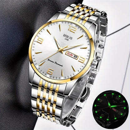 DEBLVE Men's Sleek Business Watch - Ultra-Thin Alloy, Luminous Hands, Calendar & Week Display, Waterproof, Sporty Steel Strap with Secure Clasp