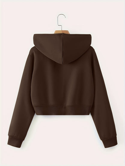 Zip Up Cropped Drawstring Hoodie, Casual Long Sleeve Sweatshirt For Spring & Fall, Women's Clothing