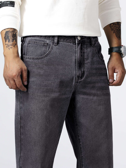 Men'S Loose Fit Straight Leg Jeans, Cotton 85% Polyester 15% Denim, Washed Solid Color Casual Style