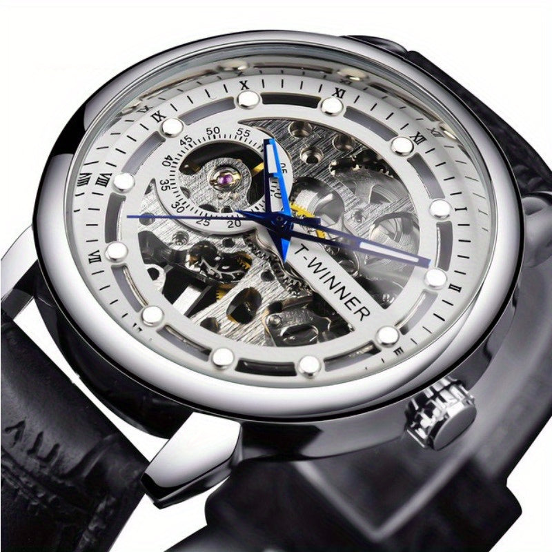 Men'S Luxury Mechanical Skeleton Watch with Golden-Tone Alloy Case & Faux Leather Strap - Mechanical Hand-Wind, World Time, Date Display, Elegant Fashion Accessory for Casual Attire, Mechanical Watch, Sophisticated Design, In