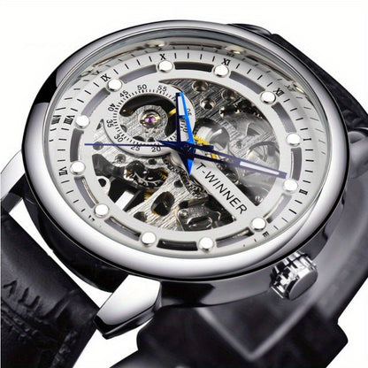 Men'S Luxury Mechanical Skeleton Watch with Golden-Tone Alloy Case & Faux Leather Strap - Mechanical Hand-Wind, World Time, Date Display, Elegant Fashion Accessory for Casual Attire, Mechanical Watch, Sophisticated Design, In