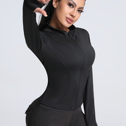 Women's Sleek Black Athletic Zip-Up Jacket - Comfortable Stretch Knit, Long Sleeve, Thumb Holes, Machine Washable - Perfect for Fitness & Casual Wear