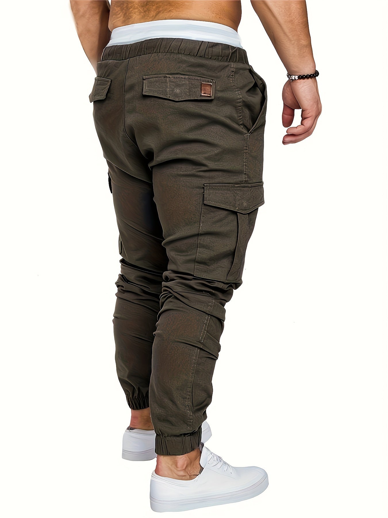 Men'S Casual Cargo Pants, 95% Cotton 5% Spandex, Skinny Fit, Solid Color, Long Length, Woven Fabric, Non-Stretch, with Pockets, 215g/m² Weight