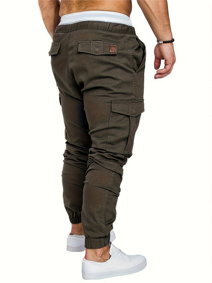 Men'S Casual Cargo Pants, 95% Cotton 5% Spandex, Skinny Fit, Solid Color, Long Length, Woven Fabric, Non-Stretch, with Pockets, 215g/m² Weight