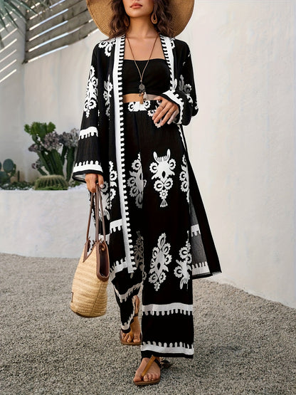 Women's Floral Print Kimono 2pcs Set