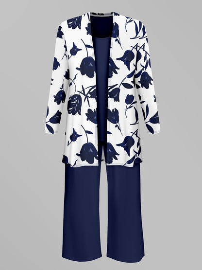 Women'S 3pcs Set, Floral Print Cardigan with Solid Color Cami and Wide-Leg Pants Casual Outfit