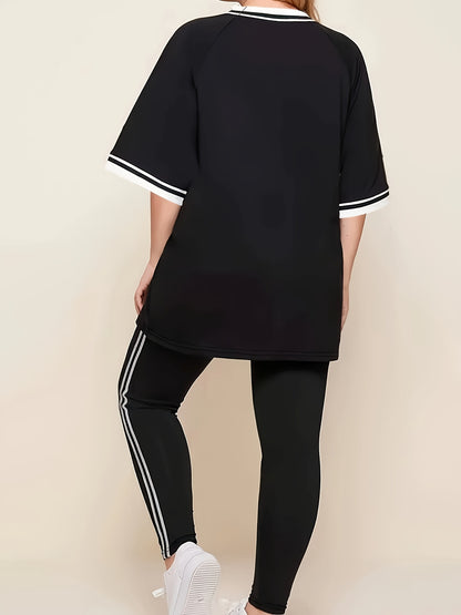 Women'S Plus Size Casual Lounge Set - Gray & White Striped Oversized T-Shirt with Matching Joggers, Comfortable All-Season Home Outfit, Joggers for Women