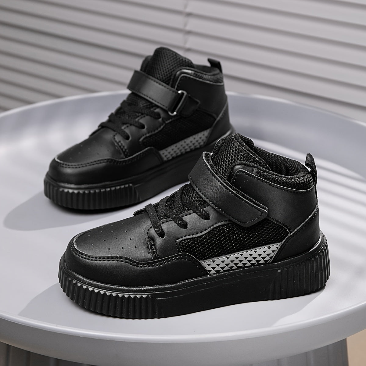 Youngsters' Black Mesh & PU High-Top Sneakers with Diamond Pattern - Breathable, Durable, Lightweight EVA Sole & Adjustable Hook-and-Loop Closure for School, Outdoor, Training - All-Season Versatile Play Shoes for Boys & Girl