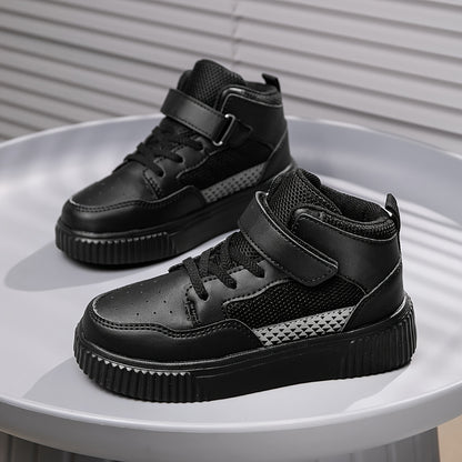 Youngsters' Black Mesh & PU High-Top Sneakers with Diamond Pattern - Breathable, Durable, Lightweight EVA Sole & Adjustable Hook-and-Loop Closure for School, Outdoor, Training - All-Season Versatile Play Shoes for Boys & Girl