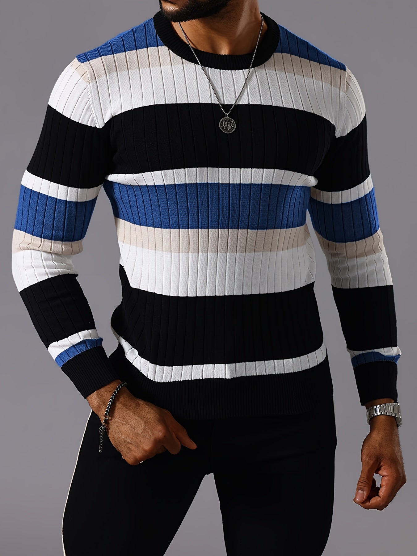 Men's Striped Color-Block Ribbed Knit Sweater - Long Sleeve Round Neck Pullover with Elastic Comfort Fit, Machine Washable Casual Fall Winter Top in Black/White/Green/Beige, Knit Sweater, Medium Elasticity