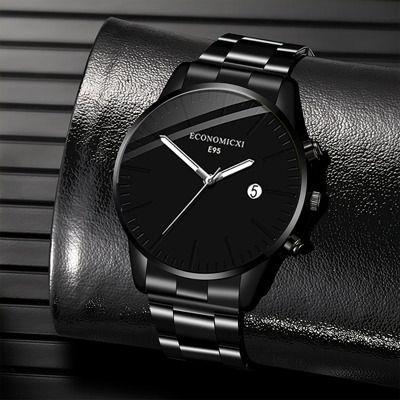 1pc Men's Quartz Watch - Cool & Handsome Retro Business Style with Black Dial, Roman Numerals, Date Window & Minimalist Design - Perfect Gift for Father's Day, Birthdays, Eid Al Adha (Durable Metal/ Strap), Special Occasion W
