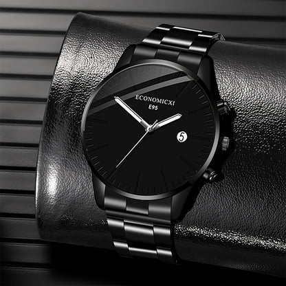1pc Men's Quartz Watch - Cool & Handsome Retro Business Style with Black Dial, Roman Numerals, Date Window & Minimalist Design - Perfect Gift for Father's Day, Birthdays, Eid Al Adha (Durable Metal/ Strap), Special Occasion W