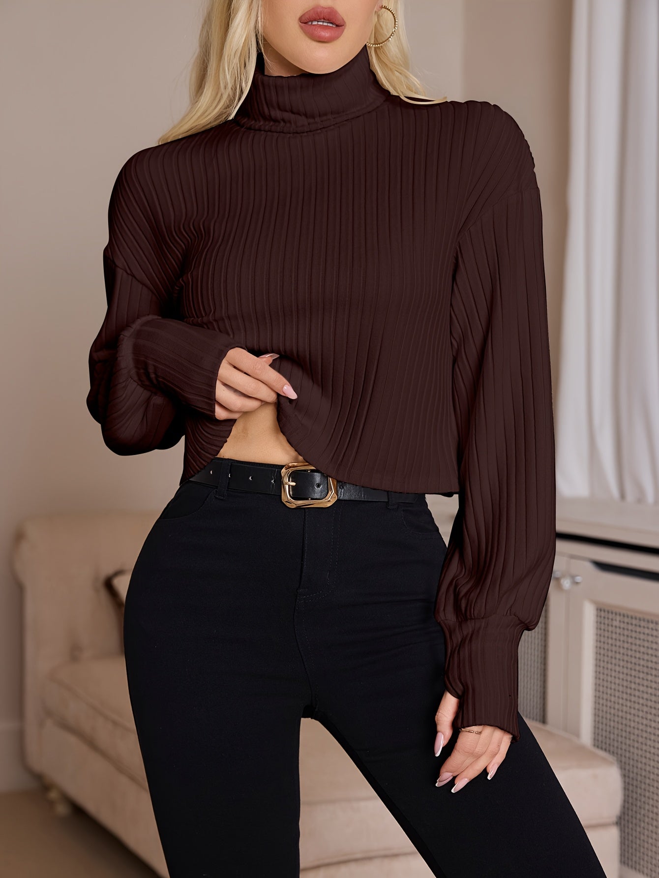 Women'S High Neck Knit Turtleneck T-Shirt, Solid Color Polyester 95% Spandex 5% Blend, Short Length, Fall/Winter Collection, 210g/m² Knit Fabric
