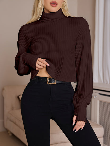 Women'S High Neck Knit Turtleneck T-Shirt, Solid Color Polyester 95% Spandex 5% Blend, Short Length, Fall/Winter Collection, 210g/m² Knit Fabric