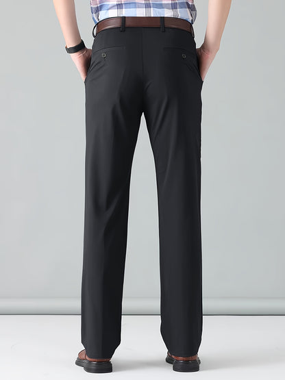 Men's Classic Straight Fit Pants - Lightweight Polyester Blend, High Waist, Button Closure, Suitable for Year-Round Wear