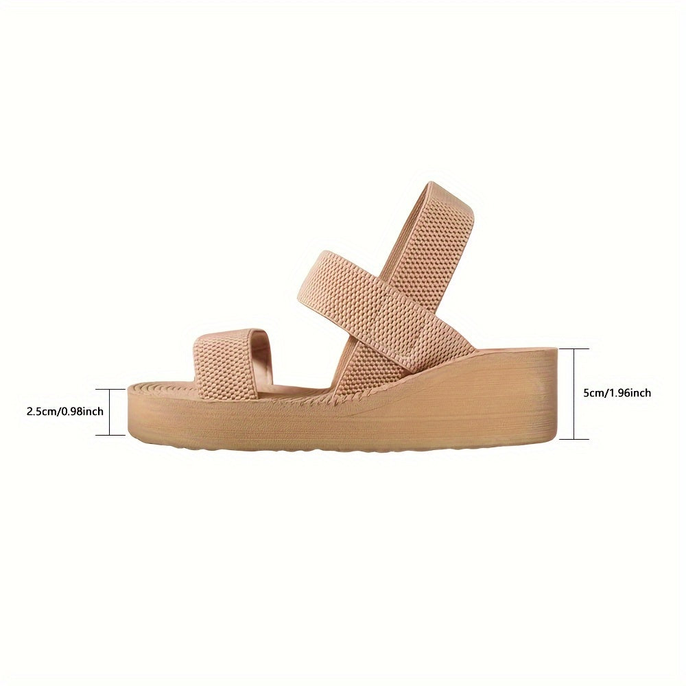 Women's Summer Wedge Sandals, Solid Color Open Toe Elastic Strap Slip On Shoes, Casual Outdoor Beach Sandals
