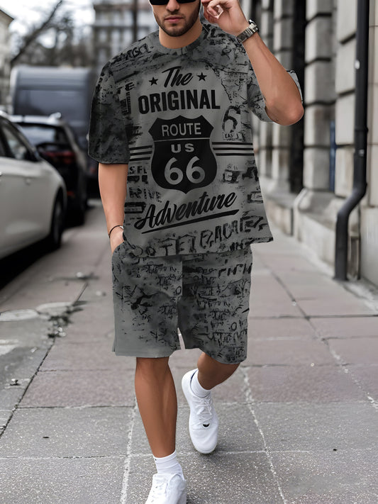 Men's Printed Short Sleeve T-shirt + Shorts Set Casual Sports Suit Breathable Outdoor Leisure Men's T-Shirt Five-Pants Set Summer 3D Printing Set Adult Male