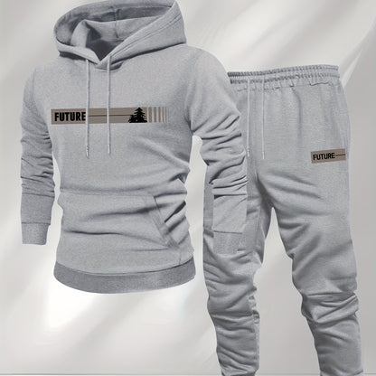 New Autumn and Winter Men's Fleece-Lined Hooded Sweatshirt Set with Print, Long-Sleeve Hoodie and Drawstring Pants for Couples