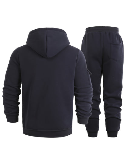 2pcs Men's Solid Color Hooded Long Sleeve Sweatshirt and Jogger Set, Suitable for Spring, Autumn, and Winter Sports Casual Outfit