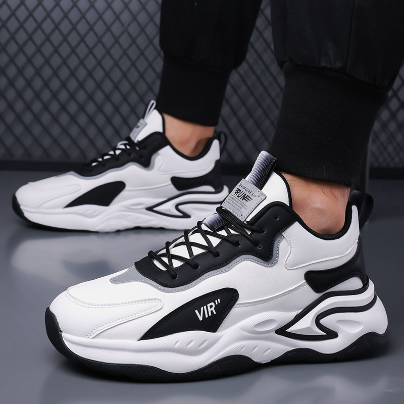 Men's Stylish Color-Block Sneakers - Black & Gray with White Accents, Comfortable All-Day Wear, Durable Rubber Sole, Lace-Up Design, Trendy Low-Top Style for Casual or Athletic Use, Casual Sneakers | Fashion Sneakers | Pu Mat