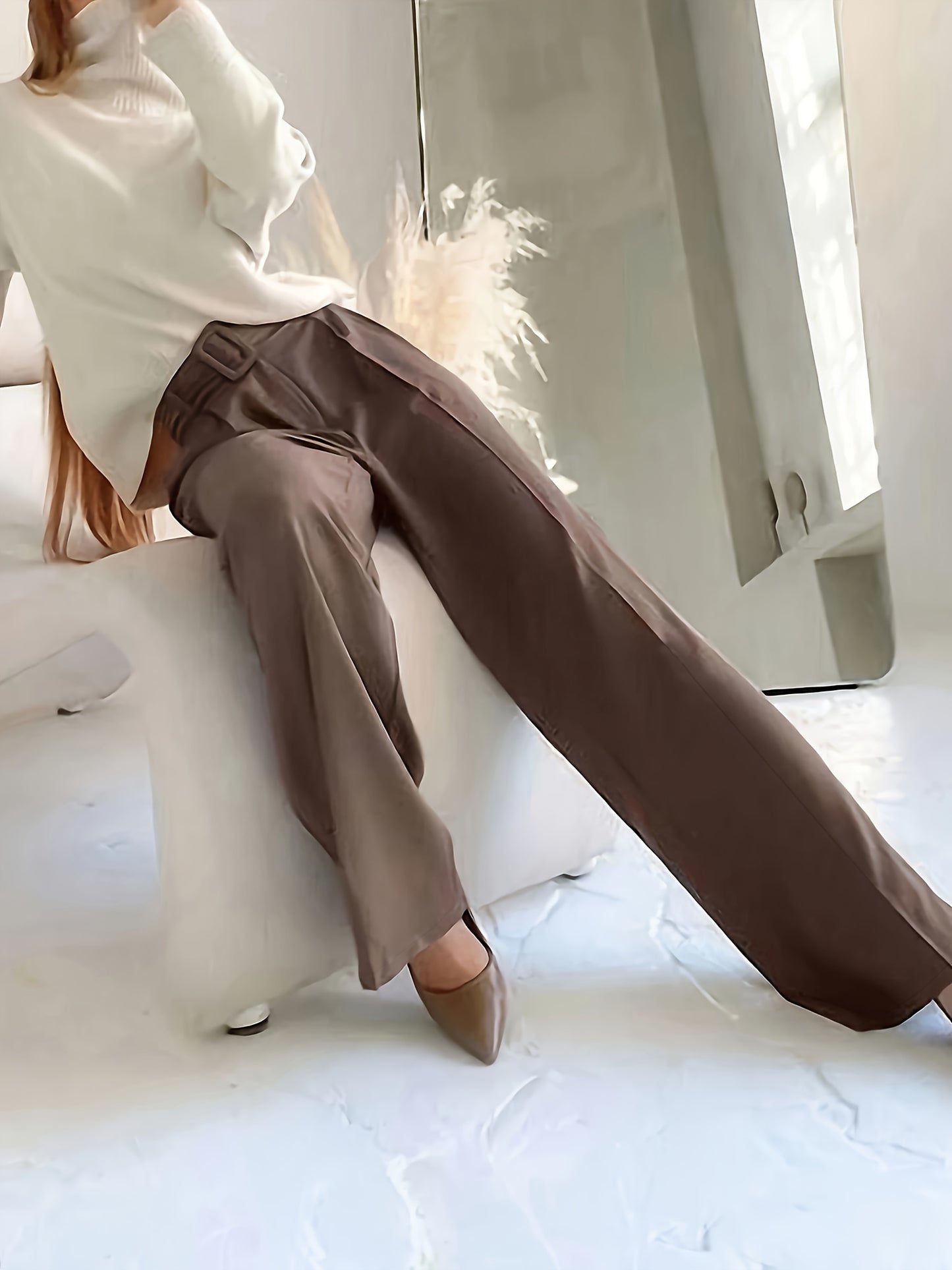 1pc Elegant Women'S Long Pants - Polyester Straight-Leg Trousers with Belt, Zippered Closure, Casual Loose-Fit for Spring/Autumn