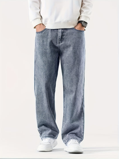 Men'S Casual Denim Jeans, 54% Cotton 32% Polyester 12% Viscose, Solid Color, Regular Fit, Straight Leg, All-Season, Woven Fabric, 290g/m², with Pockets - Adult