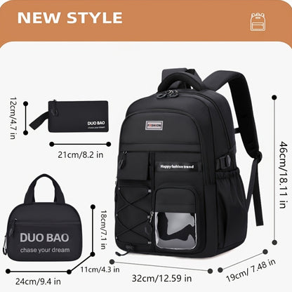 Large Capacity Backpack Set 3pcs, Polyester Lined, Spliced, Adjustable Shoulder Straps, Zipper Closure, Lightweight, Casual Style, for Going Out
