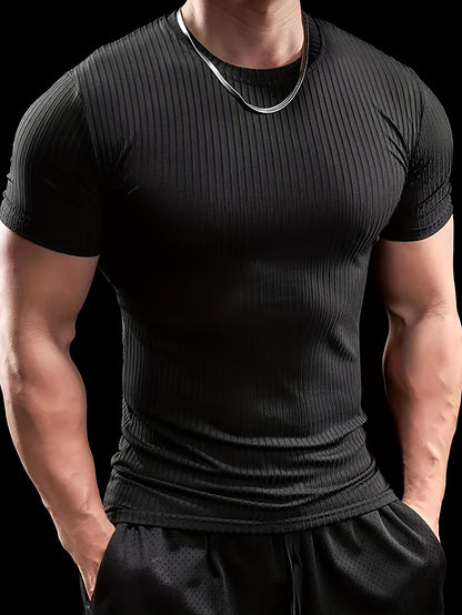 Men's Stretch Fit Short Sleeve T-Shirt - Breathable, Comfortable Polyester Blend, Solid Blue, Crew Neck, Casual & Sporty Style for Spring/Summer