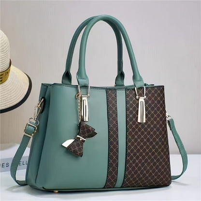 Chic Wo 's Handbag with Large Capacity - Fashionable Plaid Design, Triple-Layer Pockets, Zip Closure - Available in Khaki, Green, Black