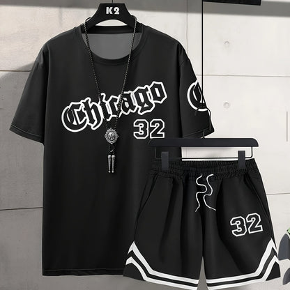 Chicago Monogram Print Men'S Short Sleeve And Shorts Set Everyday Casual Men'S T-Shirt Street Fashion Sports Shorts Two-Piece