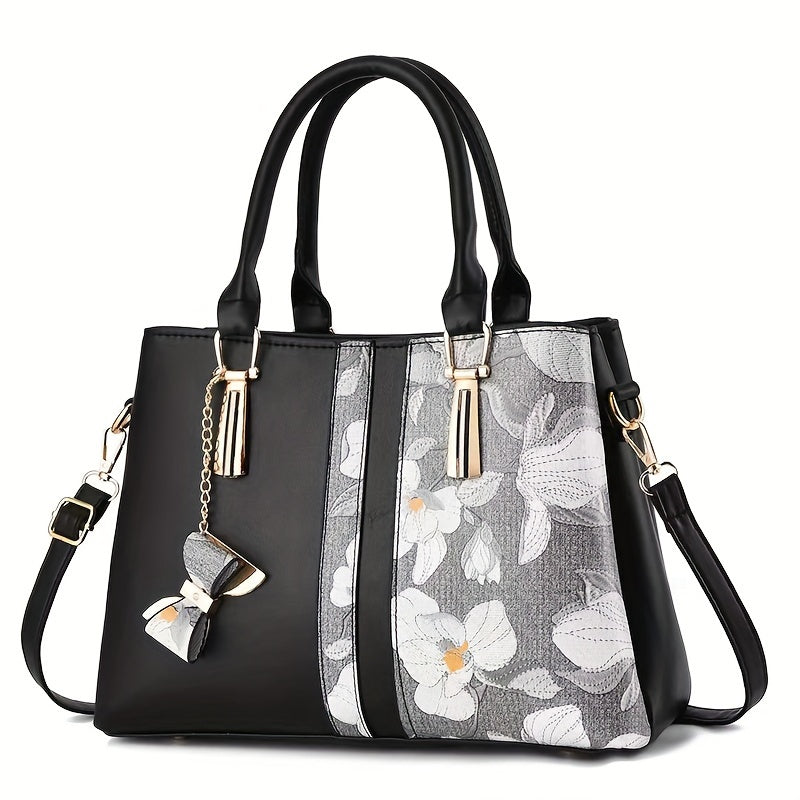 Elegant Floral Print Women's Handbag - Chic Colorblock Handbag with Zip Closure, Durable PU Material