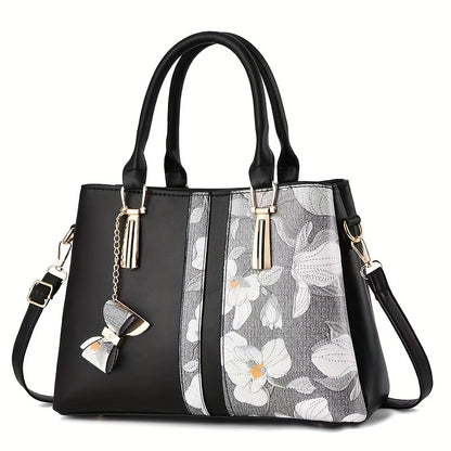 Elegant Floral Print Women's Handbag - Chic Colorblock Handbag with Zip Closure, Durable PU Material
