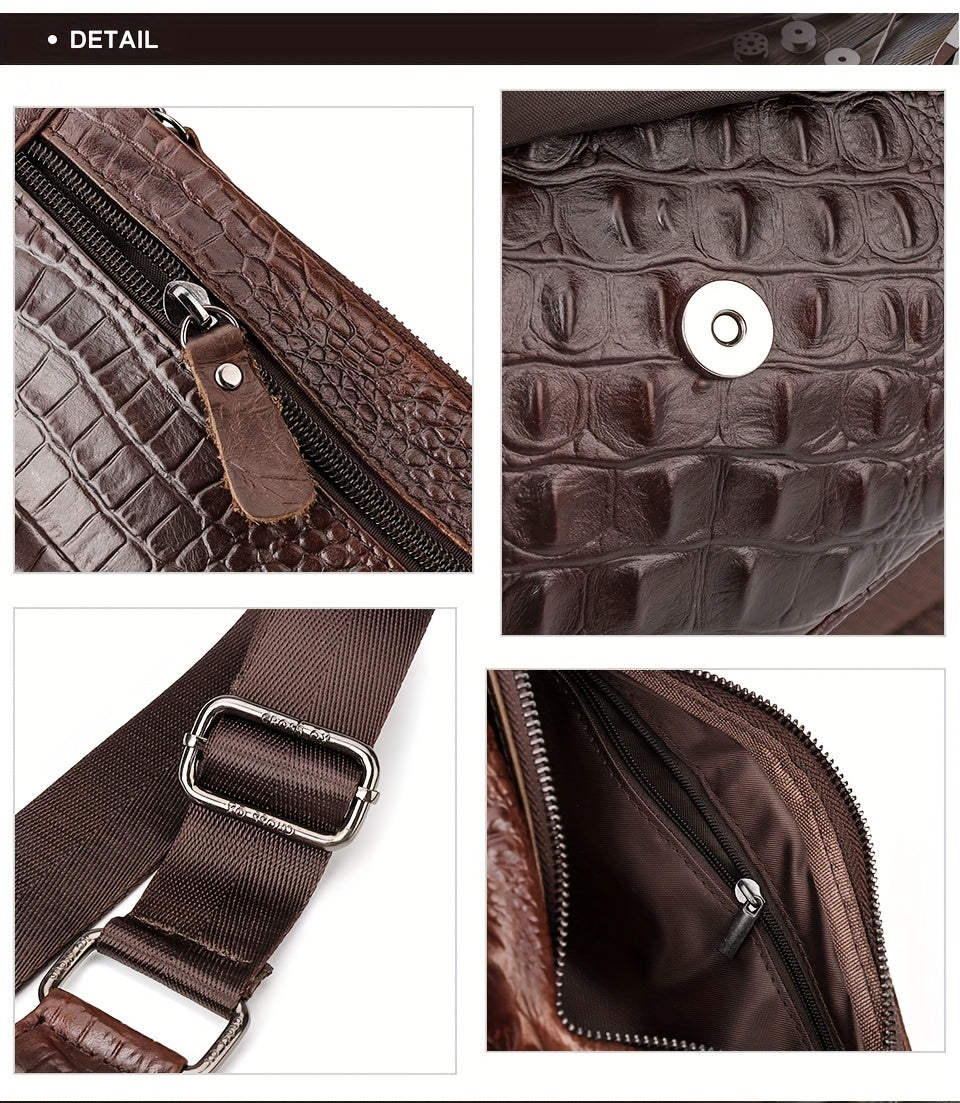 HUMERPAUL Men'S Casual Brown Leather Crossbody Bag with Alligator Print - Adjustable Strap, Multi-Compartment, Everyday Commute Shoulder Bag, Everyday Bag | Casual Style Bag | Adjustable Strap Bag