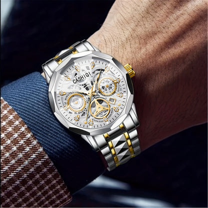 CASHIQI Brand Men'S Steel Strap Quartz Watch with Rhombus Dial, Sparkling Decoration, Calendar, And Luminous Display, IPX7 Waterproof Hollow Quartz Watch for Business, Travel, And Casual Wear - A Perfect Gift Choice.