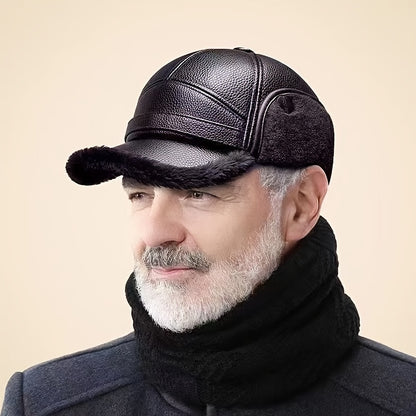 Street Style Men's Winter Cap with Ear Warmers, Faux Leather Earflap Hat for Elderly, Warm Duckbill Cap for Cold Weather