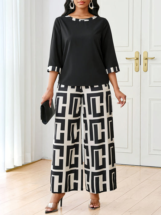 Women's Elegant Spliced Round Neck Top + Geometric Print Wide-Leg Pants Two-Piece Set